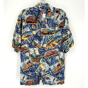 Reyn Spooner Joe Kealoha Post Cards Stamps Beach Hawaiian Shirt Men Large